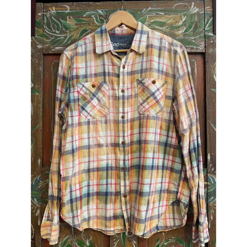 Plaid Button-Up Flannel Shirt w/ Vintage Safety Match Moth Patch Mens size M - Picture 5 of 7
